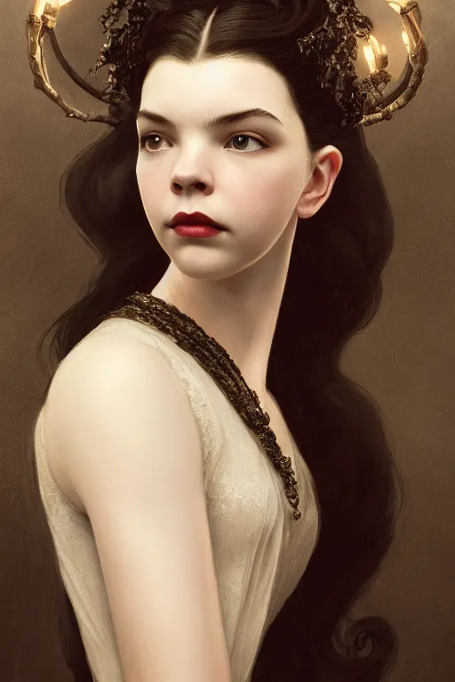 Image similar to a portrait of an elegant beautiful dark bohemian vampire woman, smooth face, glamour shot, bored, illustration, dramatic lighting, soft details, painting oil on canvas, art nouveau, octane render, HDR, 4k, 8k, HD, (Anya Taylor-Joy) by Edmund Blair Leighton, Brom, Charlie Bowater, trending on artstation,