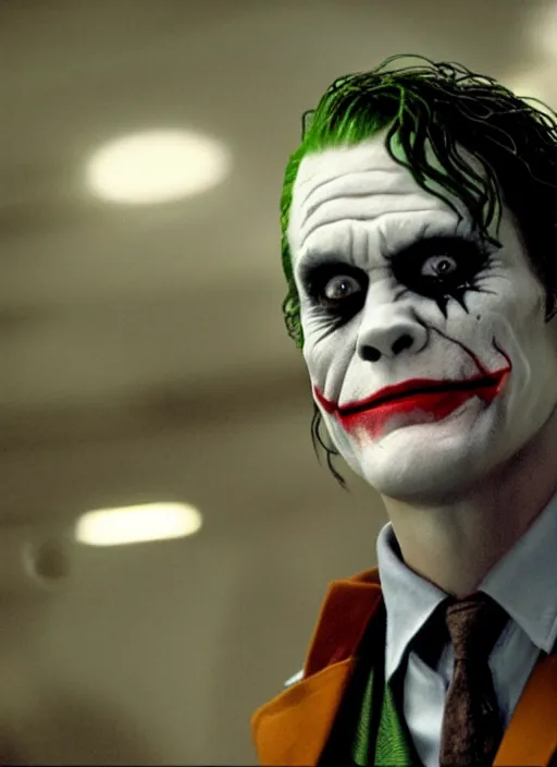 Prompt: film still of Jim Carrey as The Joker in The Dark Knight, 4k