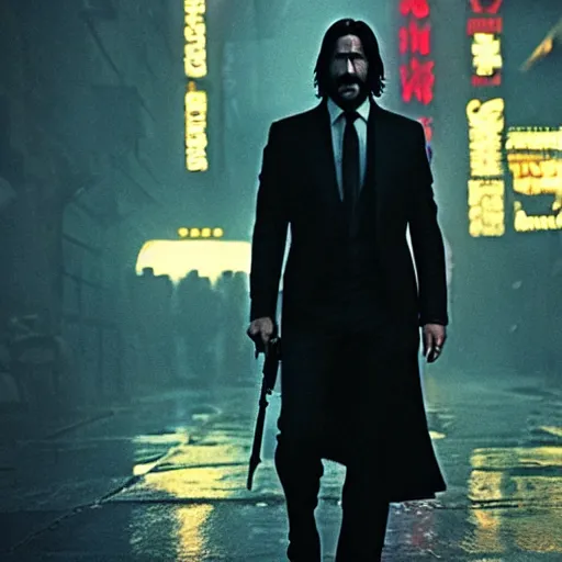 Image similar to john wick in blade runner, dark, cinematic, 8 k, detailed