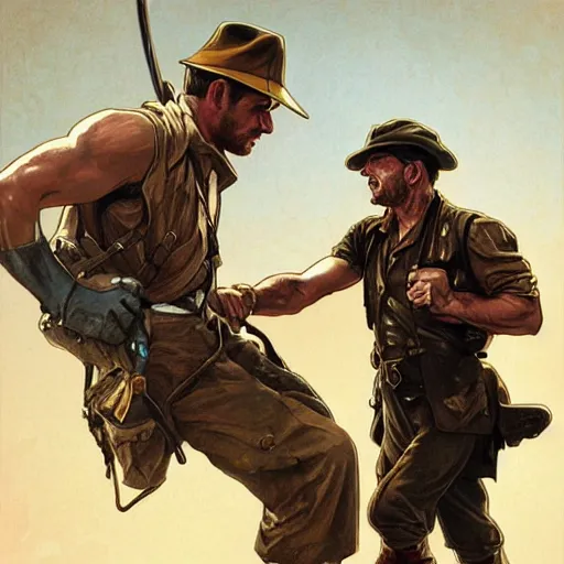 Prompt: indiana jones punching a wwii german soldier, intricate, epic, highly detailed, digital painting, artstation, concept art, sharp focus, cinematic lighting, illustration, art by artgerm and greg rutkowski, alphonse mucha, cgsociety,