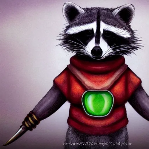 Prompt: a raccoon wearing an amulet in a green, hooded rouge outfit holding dagger, trending on art station