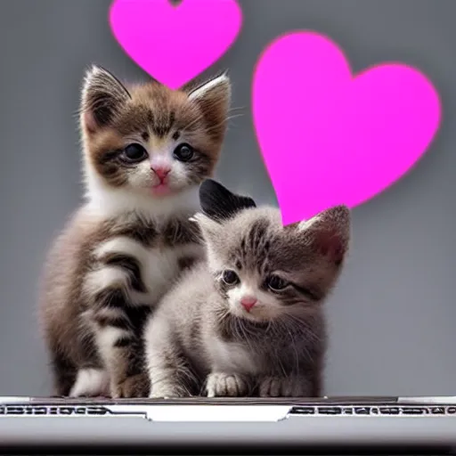 Prompt: cutest kittens in the world using a laptop with cute pink heart emojis floating in the air