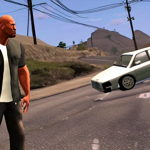 Prompt: dwayne johnson in grand theft auto san andreas