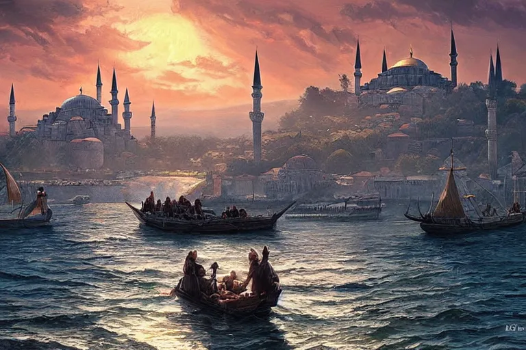 Prompt: a beautiful illustration of medieval istanbul with ottoman people and ships scenery landscape, lord of the rings,, rule of thirds, sunset, highly detailed, perfect lighting, perfect composition, 4 k, artgerm, derek zabrocki, greg rutkowski