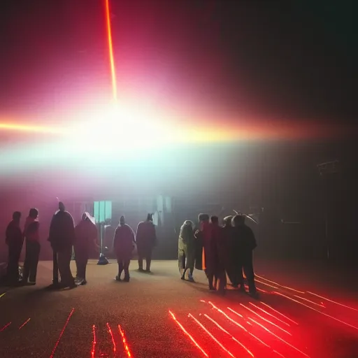 Prompt: giant group smoke bodies, lasers, darkness, from behind, wide angle, elaborate, smoke, red dot, orange line, blue mist, highly detailed, beautiful lighting