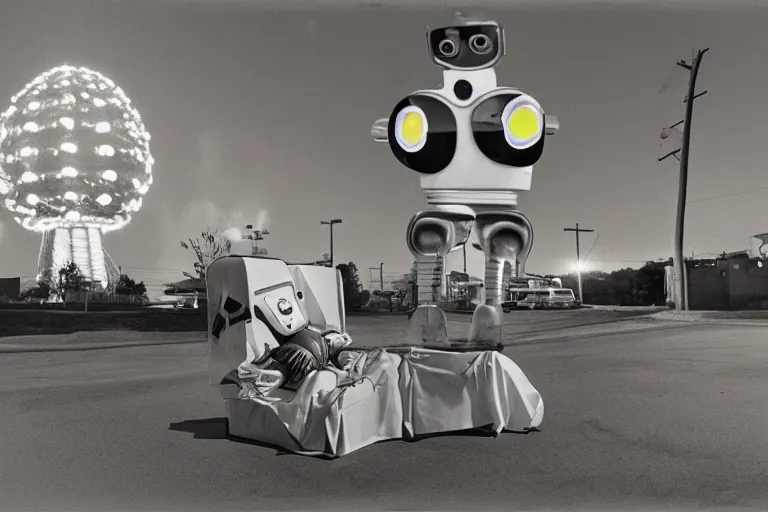 Image similar to robot clown relaxing at a california drive in, in 1 9 5 2, cutecore clowncore, bathed in the the glow, alien castle in background, low - light photograph, in style of tyler mitchell, cut and paste collage