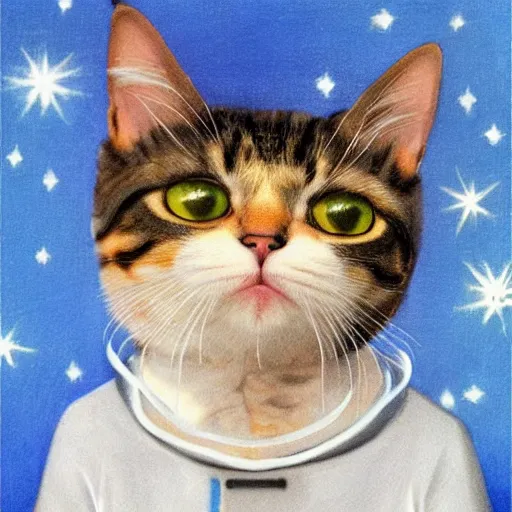 Prompt: head and shoulders masterpiece portrait of a cute adorable cat wearing a blue spacesuit, surreal background, digital art, by hieronymus bosch, trending on artstation, cgsociety,