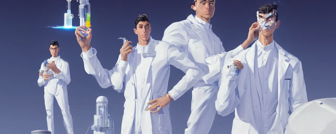 Image similar to stoic heroic emotionless butch young man scientist with short slicked - back hair, making an experiment - wearing white suit, wearing jetpack, digital art, solid white background, behance hd by jesper ejsing, by rhads, makoto shinkai and lois van baarle, ilya kuvshinov, rossdraws global illumination.