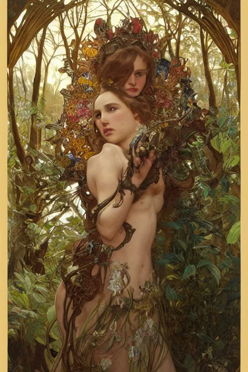 Image similar to natalie portman as queen of the jungle, running, painted by nekro, alphonse mucha, dark - fantasy, intricate detail, artstation, cgsociety, rococo, gold leaf art