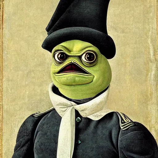 Prompt: pepe the frog as 1 9 th century prussian soldier, elegant portrait by sandro botticelli, detailed, symmetrical, intricate