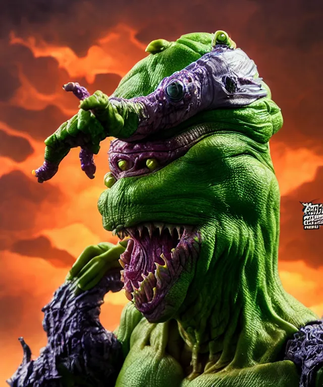 Image similar to hyperrealistic rendering, epic boss battle, cronenberg flesh monster tmnt, by art of skinner and richard corben, product photography, collectible action figure, sofubi, hottoys, storm clouds, outside, lightning