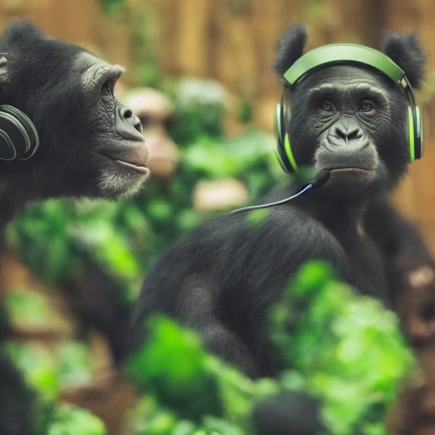 Image similar to a high quality photo of a green chimp wearing headphones, realism, 8k