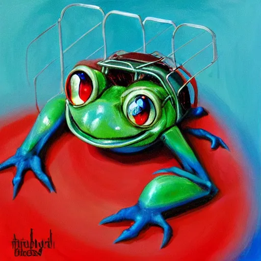 Prompt: Trending on artstation, Blue frog trapped in a metal cage from Yu-Gi-Oh, in the style of Kazuki Takahashi, oil on canvas