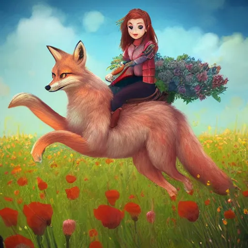 Image similar to girl riding a giant fox in a field of flowers, trending on artstation