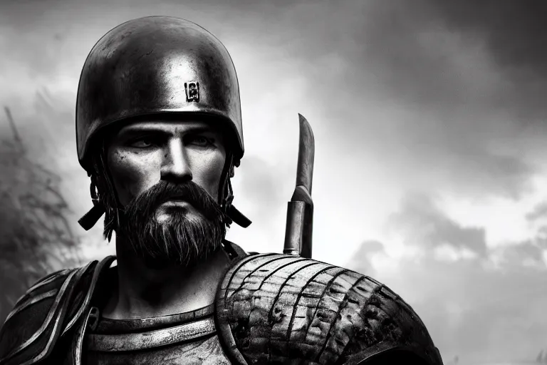 Image similar to still photo of 1 st century war man looking at the camera in a battlefield, black and white color aesthetic, highly detailed, photorealistic portrait, bright studio setting, studio lighting, crisp quality and light reflections, unreal engine 5 quality render
