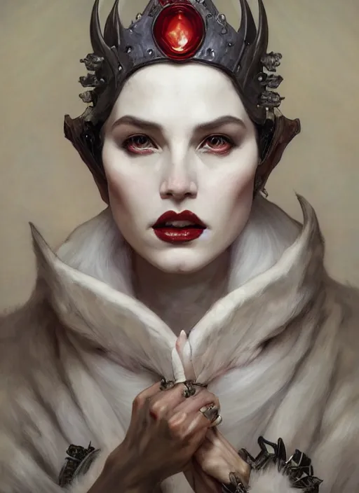 Prompt: white horns queen demon, elegant,, wearing a bomber jacket, hyper realistic, extremely detailed, dnd character art portrait, fantasy art,, dramatic lighting, vivid colors, artstation, by edgar maxence and caravaggio and michael whelan and delacroix, lois van baarle and bouguereau