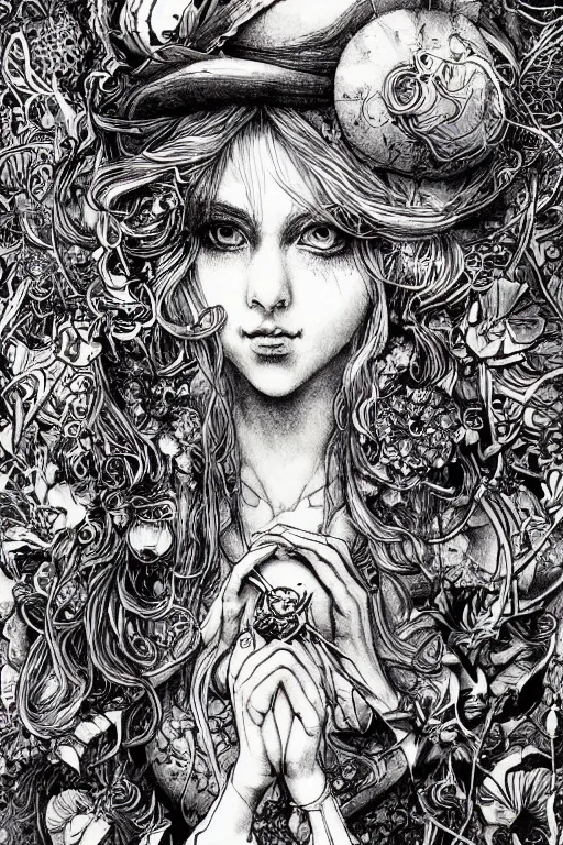 Prompt: Hippy Alice in wonderland tarot card , pen and ink, intricate line drawings, by Yoshitaka Amano, Ruan Jia, Kentaro Miura, Artgerm, watercolor