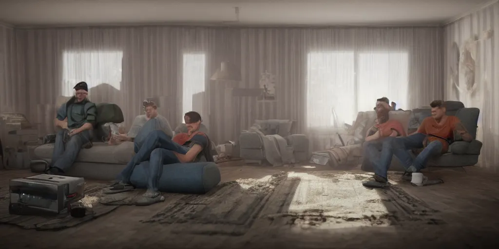 Image similar to Bored guys playing console games in a shabby living room, inspired by Gregory Crewdson, 8k, photorealism, trending on artstation, volumetric lighting, CGsociety