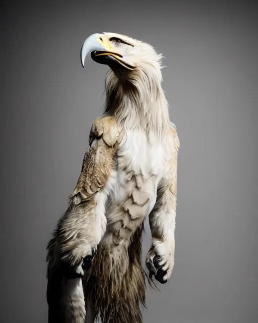 Image similar to full body photograph of a hybrid creature that has the head of a man, the body of a lion, the wings of an eagle and the tail of scorpion 5 0 mm, studio lighting, in the style of national geographic