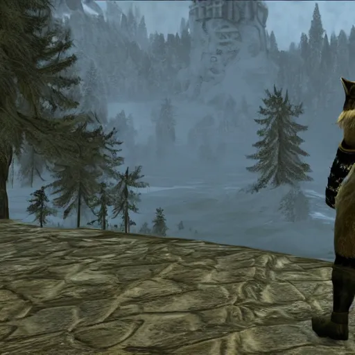 Prompt: furry anthro digital video game screenshot of an anthropomorphic wolf with black fur medieval guard wearing a set of armor standing on the castle walls view of the forest in background in the The Elder Scrolls V: Skyrim