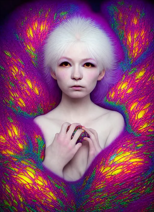 Image similar to hyper detailed 3d render like a Oil painting - kawaii portrait Aurora (white haired Singer Ferret) seen Eating of the Strangling network of yellowcake aerochrome and milky Fruit and Her delicate Hands hold of gossamer polyp blossoms bring iridescent fungal flowers whose spores black the foolish stars by Jacek Yerka, Mariusz Lewandowski, Houdini algorithmic generative render, Abstract brush strokes, Masterpiece, Edward Hopper and James Gilleard, Zdzislaw Beksinski, Mark Ryden, Wolfgang Lettl, hints of Yayoi Kasuma, octane render, 8k