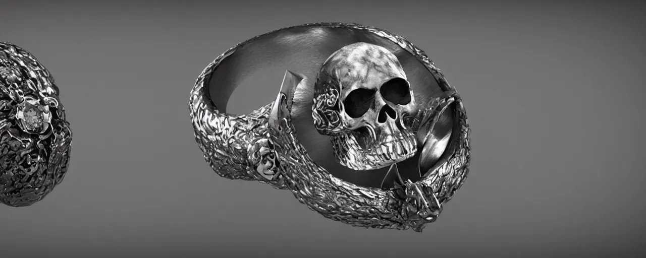 Image similar to simple magic ring of poison, ring, skull, wax, black, smooth shank, crystals, engravings, product design, jewelry, art by gerald brom, greg rutkowski and artgerm and james jean and zdzisław beksinski, 8 k, unreal engine, c 4 d