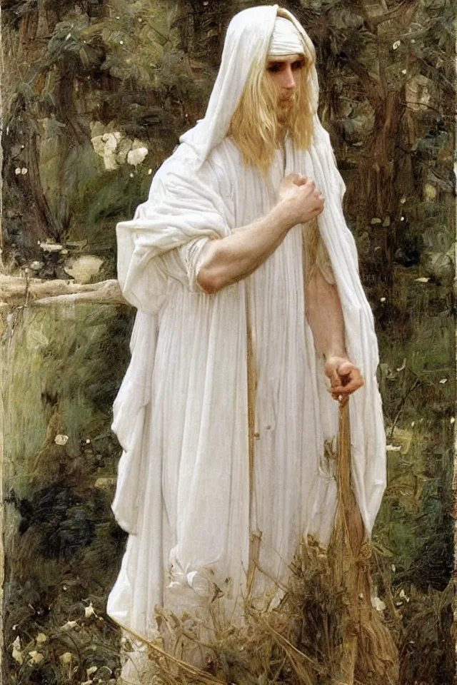 Image similar to beautiful blond androgynous prince Lucius in white robes by john william waterhouse, preraphaelite style, long fluffy blond curly hair, pale porcelain white skin, detailed, defined, chiaroscuro