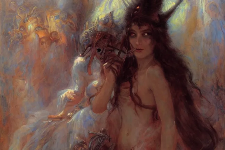 Prompt: portrait of the personification of the goddess of nightmares. art by gaston bussiere.