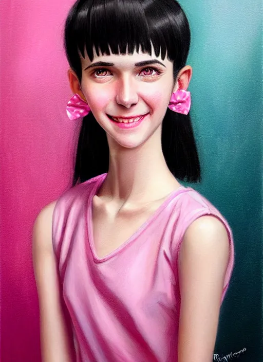 Image similar to portrait of high school girl, realistic, black hair, bangs, half updo hairstyle, pointy nose, skinny, smile, ugly, defined jawline, big chin, pink hair bow, earrings, intricate, elegant, glowing lights, highly detailed, digital painting, artstation, sharp focus, illustration, art by wlop, mars ravelo and greg rutkowski