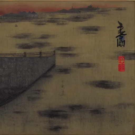 Image similar to a chinese prison near a river by peter doig : : 1 and ukiyo - e : : 0. 0 1, muted colors