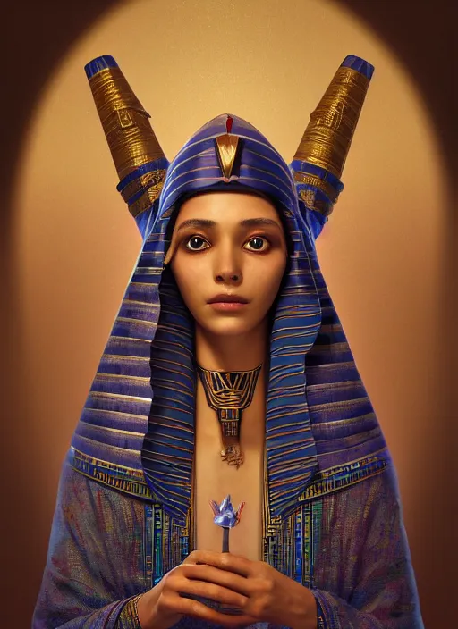 Image similar to an anthropomorphic beautiful female wizard of pharaoh holding magic wand portrait wearing robe, fine art, award winning, intricate, elegant, sharp focus, octane render, hyperrealistic, cinematic lighting, highly detailed, digital painting, 8 k concept art, art by jamie hewlett and z. w. gu, masterpiece, trending on artstation, 8 k