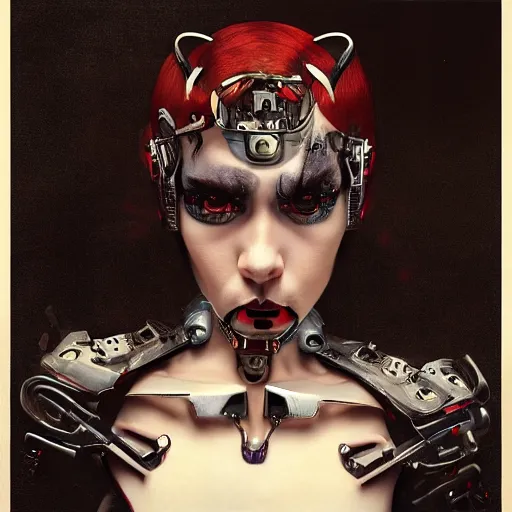 Image similar to album cover of Grimes as an evil robot cyborg character in a romantic pre-raphaelite style by dante