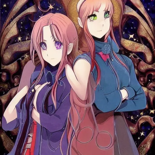 Image similar to two gorgeous female wizards standing face to face, detailed anime art