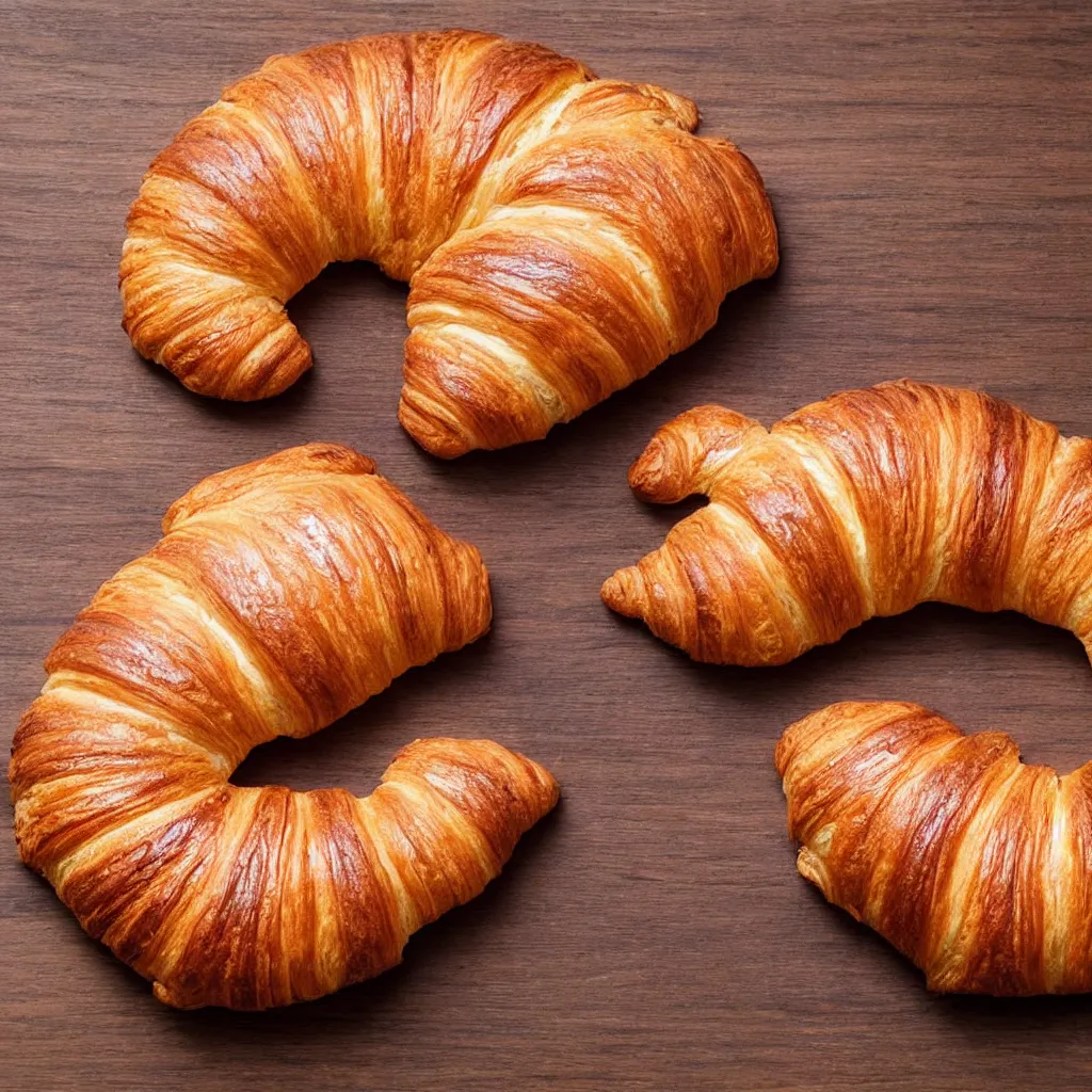 Image similar to close-up photo of a croissant on top of a wooden table, 8k, high detail, photorealistic, proper shading