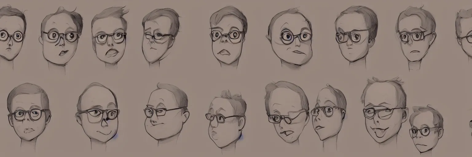 Prompt: character face study of down syndrome todd solondz, down syndrome todd solondz faces, clear, male, glasses, character sheet, fine details, concept design, contrast, kim jung gi, da vinci and pixar, trending on artstation, 8 k, full body and head, turnaround, front view, back view, ultra wide angle