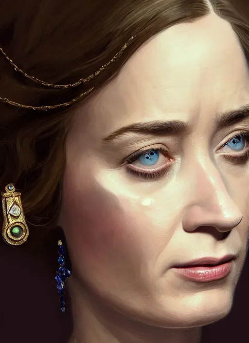 Prompt: portrait of emily blunt as queen, crying, tears, jewelry, greek, sapphire, victorian age, 1 8 9 0, intricate, headshot, key visual, conceptart, ambient lighting, highly detailed, digital painting, artstation, concept art, sharp focus, by makoto shinkai and akihiko yoshida and greg manchess