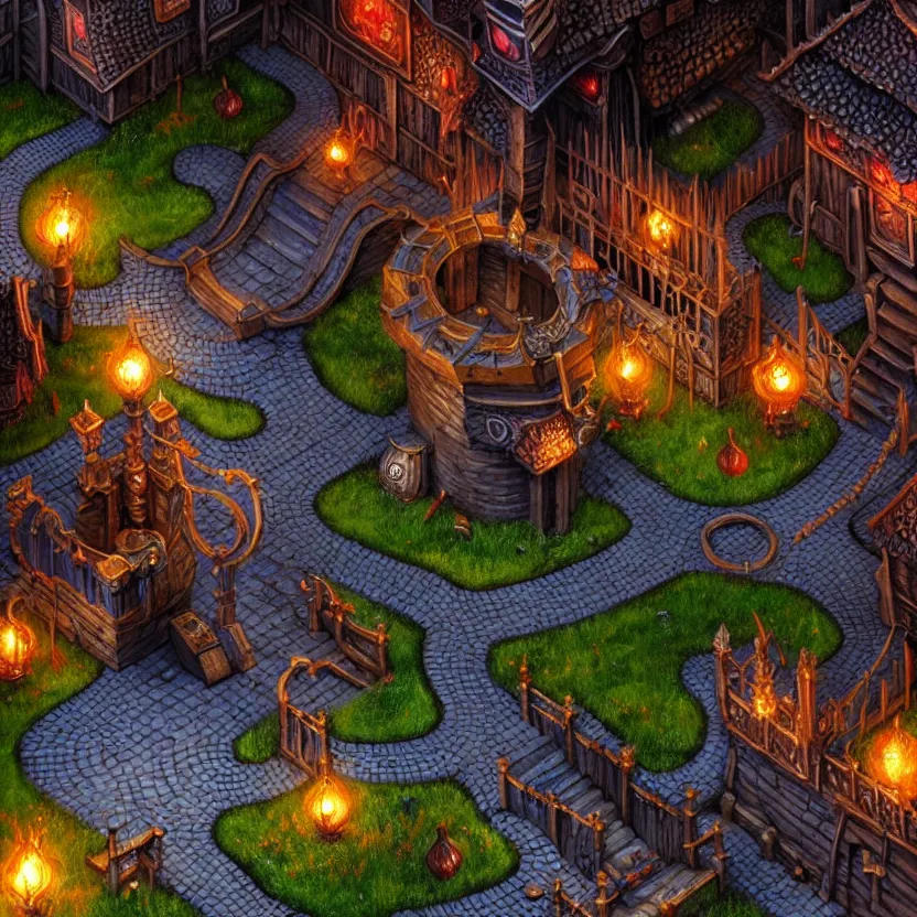 Prompt: closeup on the isometric game area of a vibrant village from baldur's gate 2, game art, intricate details, ultra realistic, by art germ, by gerald brom, dynamic lighting, ambient lighting, fantasypunk, amazing d & d art, photorealistic fantasy concept art, trending cgsociety, artstation, ultra detailed