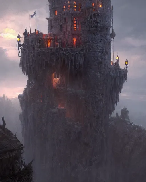Image similar to dramatic hangman scene at the gallows pole!!! robust fantasy castle, calming, uplifting mood, ultra realistic, funny, small buildings, highly detailed, epic lighting, illuminated, cinematic, morning, art by eddie mendoza