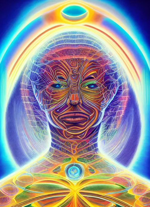 Prompt: humankind transcendence into collaborative intelligence, connectedness, bosy, ai, by alex grey, album cover, award winning, beautiful, colorful, volumetric lighting, trending on artstation