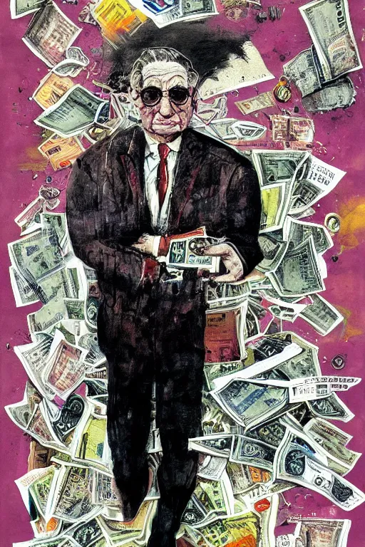 Image similar to George Soros full body shot, dollar bills Body horror, biopunk, by Ralph Steadman, Francis Bacon, Hunter S Thompson