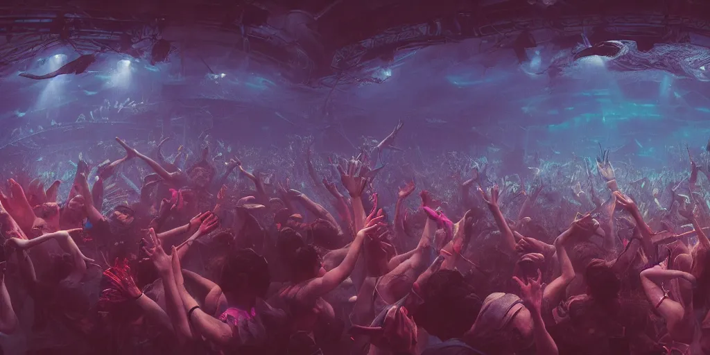 Prompt: rave party moshpit underwater, ethereal atmosphere, realistic digital art 4 k, high quality, greg rutkowski, zabrocki, karlkka, jayison devadas, phuoc quan, trending on artstation, 8 k, ultra wide angle, zenith view, pincushion lens effect