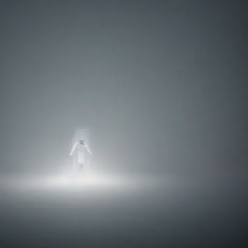 Image similar to a blurry aura glowing in a white mist, human hovering