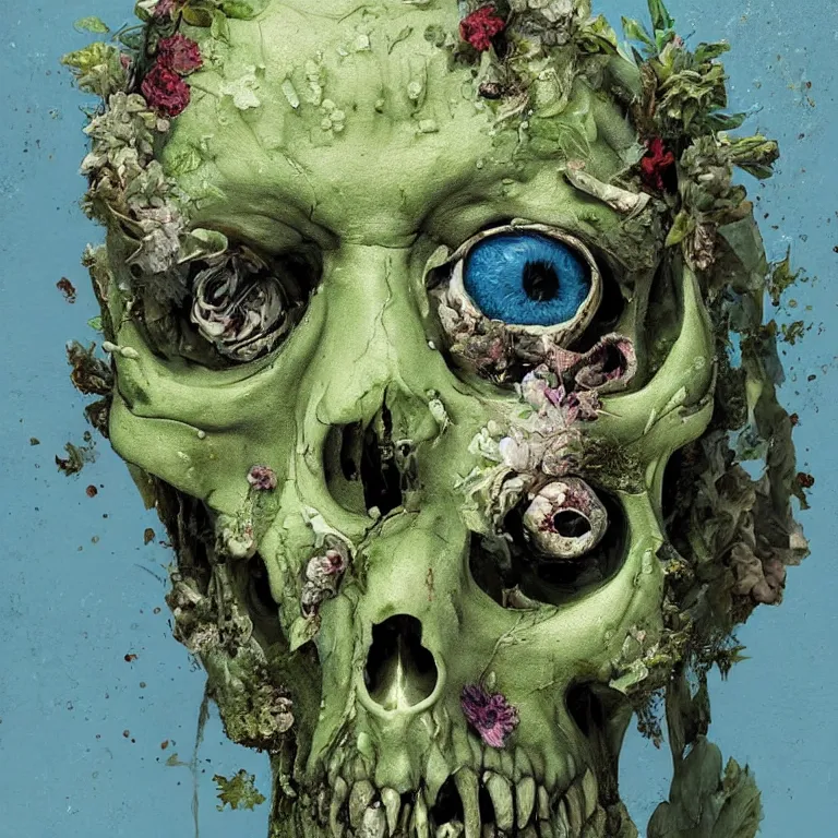 Image similar to A beautiful oil painting hyperrealism of a decayed zombie head, green bulging eyes, rotten green skin, grey beard, blue veins, skull bones flowers, 8k resolution, octane render, Trending on artstation, by Gediminas Pranckevicius, volumetric light 2blue fractal Thunder glow by dan mumford, anaglyph effect, Laurie Lipton