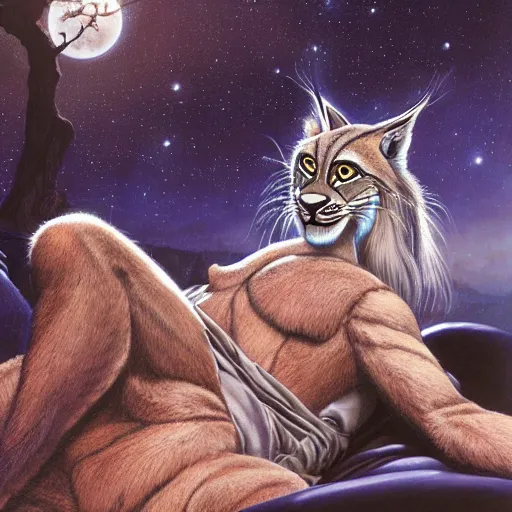 Image similar to hairy maned lynx - headed romantic hero in satin robe, laying on sci fi bed, science fiction, pulp sci fi, michael whelan, ron cobb, highly detailed, mignogna, illustration