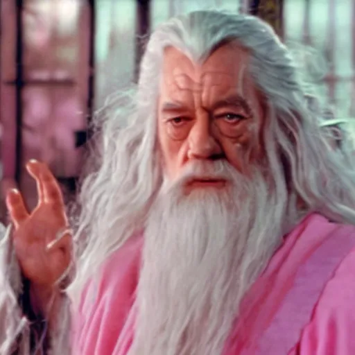Prompt: gandalf wearing a light pink robe, wearing a large hello kitty hair clip, movie still from the lord of the rings