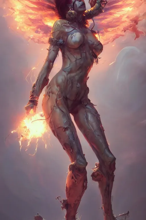 Image similar to torso closeup beautiful girl necromancer, witch - doctor exploding into space casting spell, angels, 3 d render, hyper - realistic detailed portrait, holding fire and electricity, ruan jia, wlop. scifi, fantasy, magic the gathering, hyper detailed, octane render, concept art, peter mohrbacher