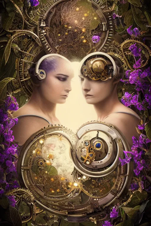 Image similar to a beautiful intricate fine art RPG portrait photo of a mechanical industrial steampunk cybernetic yin yang symbol, overgrown with morning glory flowers, montsera leaves by tom bagshaw and zach sutton, golden ratio composition, studio lighting, 50mm lens, very detailed, bionic, cybernetic scifi, deep depth of field, artstation, 8K, highly coherent