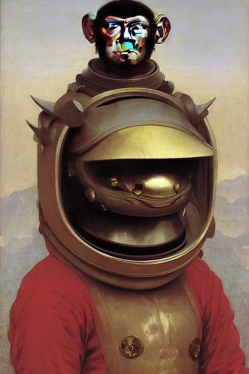 Image similar to portrait of a monkey astronaut with chinese dragon armor and helmet, majestic, solemn, by bouguereau