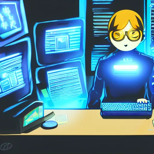 Prompt: prairie dog hacker in a blue-lit room surrounded by computers, highly detailed, trending on pixiv