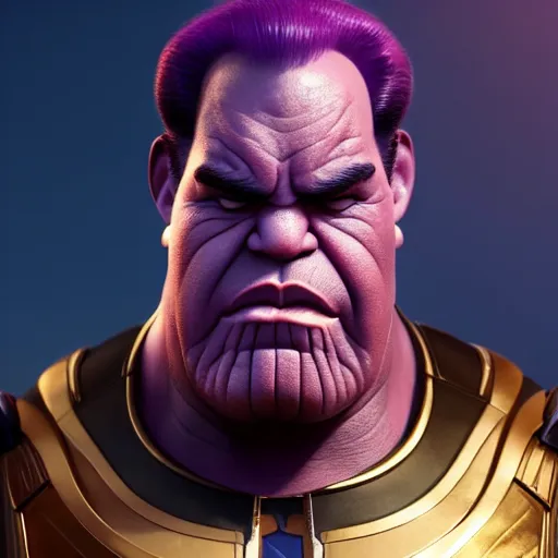 Image similar to a portrait of abdelfattah elsisi as thanos, the pixar adaptation, with same hairstyle, angry facial expressions, hyper detailed, digital art, trending in artstation, cinematic lighting, studio quality, smooth render, unreal engine 5 rendered, octane rendered